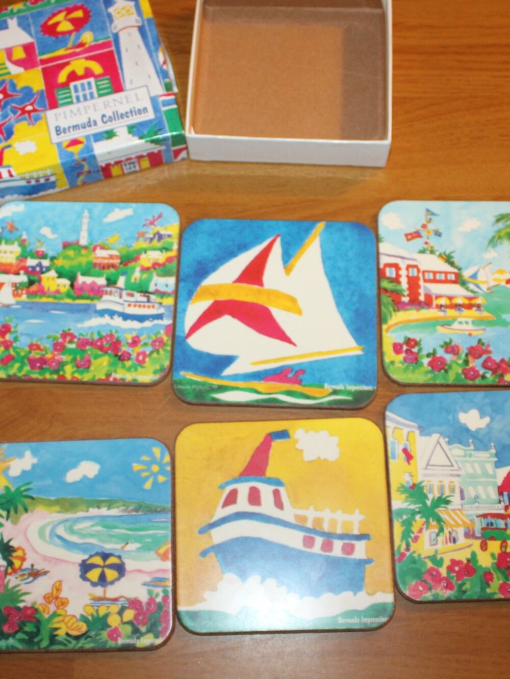 Pimpernel Cork Backed Set of 6 Coasters Bermuda Collection 4 x4 Inch England